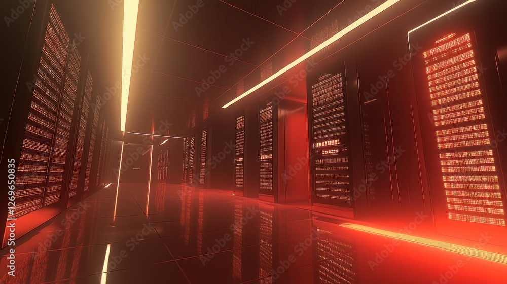 Poster Rows of illuminated server racks fill a glowing corridor