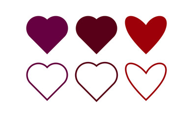 Set of heart shapes in different styles and shades of red. Solid and outline heart icons in red and burgundy. Minimalist heart symbols, bold and elegant designs, and diverse heart illustrations.