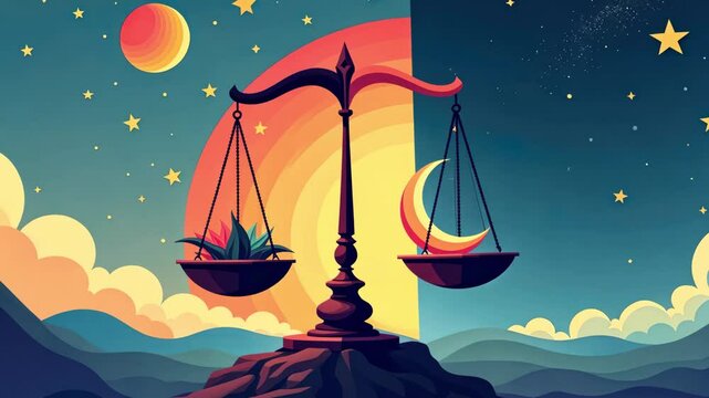 Symbolic balance scale representing day and night with celestial elements in the background