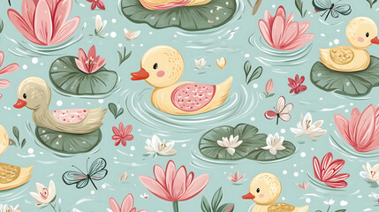 Adorable 2D Duckling and Lily Pad Pattern with Rippling Water


