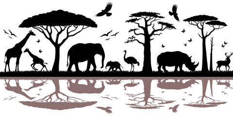 Silhouette of animals and birds in the savannah. African landscape scene. Vector horizontal seamless tropical background with rhinos, giraffes and flying birds. Black isolated silhouette © Natthaporn