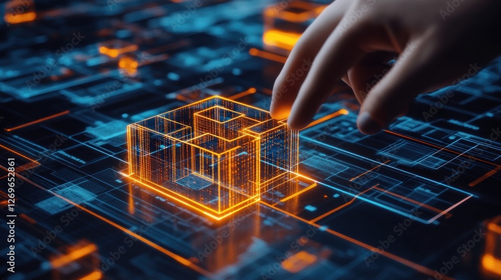 Poster fingers interact with a digital holographic cube on a surface