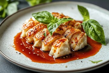 A photo of gyoza with tomato sauce elegantly