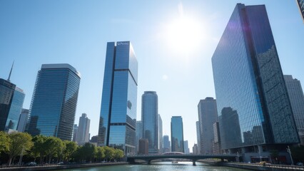 Fototapeta premium Sun at zenith, Urban skyline glass buildings midday sun clear sky photorealistic.