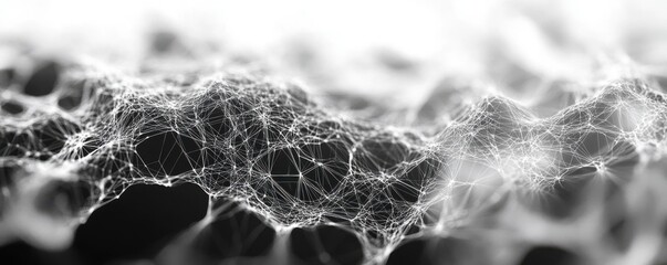Minimalist black and white background featuring a 3D-rendered wireframe network. Thin lines form intricate patterns with glowing connection points- symbolizing neural networks and data flow.