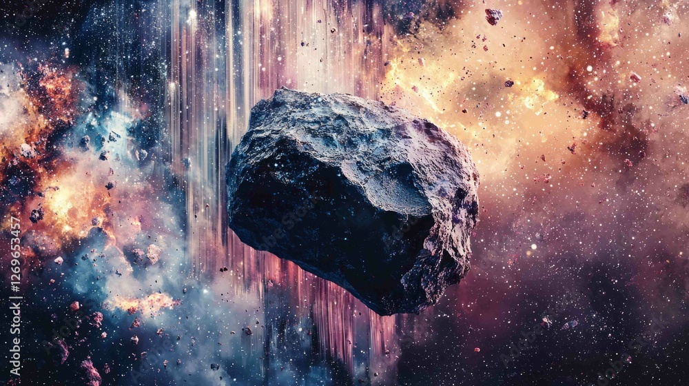 Poster captivating composite of a meteorite fragment in cosmic landscape