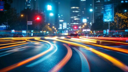 Naklejka premium Busy Urban Intersection at Night with Glossy Asphalt and Traffic Lights
