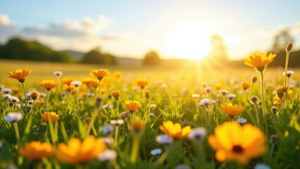 Obraz premium Sun at zenith, Wildflower meadow vibrant midday sun clear horizon photorealistic.