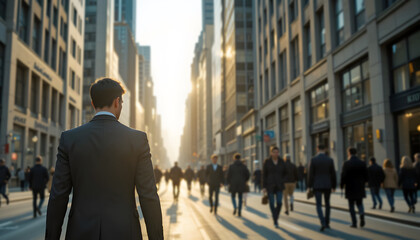 Person in Suit Walking in Busy Urban Area with Skyscrapers during Workday