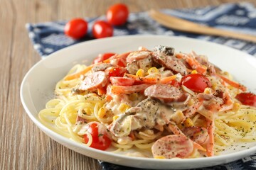 Creamy pasta with sausages and cherry tomatoes