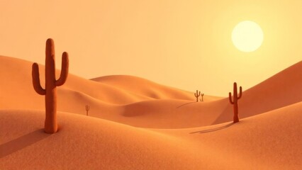 A desert scene with three cacti and a sun in the sky. The cacti are tall and skinny, and the sun is shining brightly. Scene is peaceful and serene, as the desert landscape is calm