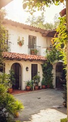 Fototapeta premium Charming Mediterranean Home with Stucco Walls and Lush Gardens