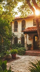 Fototapeta premium Charming Mediterranean Home with Stucco Walls and Lush Landscape