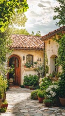 Fototapeta premium Charming Mediterranean Home with Stucco Walls and Lush Greenery