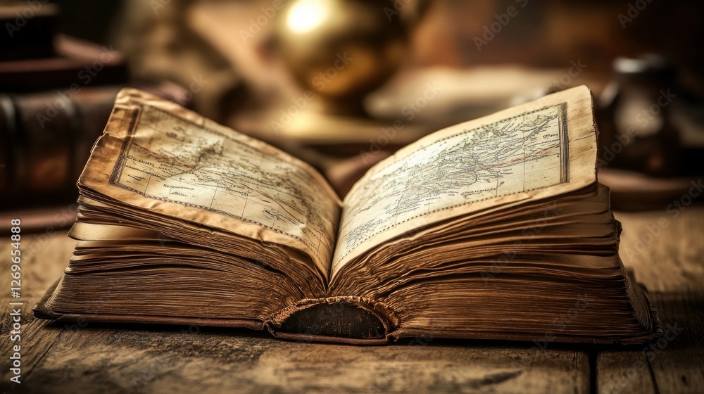Poster an ancient open book displays maps on aged paper pages
