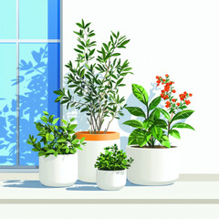 Obraz premium vibrant urban garden with potted plants in natural light, showcasing greenery and shadows