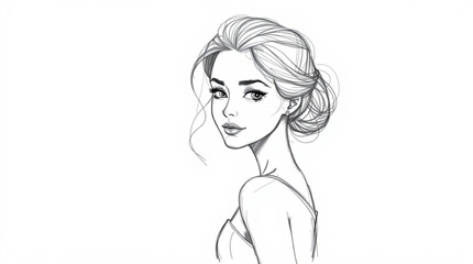 A hand-drawn sketch of a woman, using rough lines and textured pencil strokes on a white background, portraying a graceful and elegant subject with refined features.eps