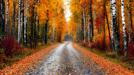 Obraz premium Autumn road through colorful birch forest, misty background, idyllic scenery, nature wallpaper