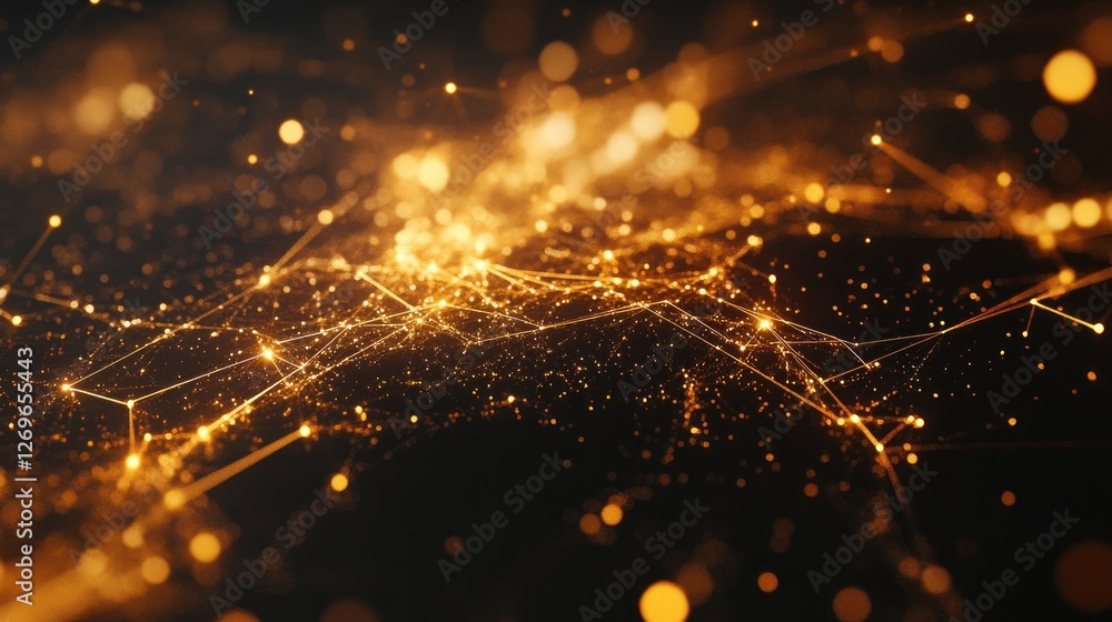 Poster abstract golden network of light particles connecting together in darkness