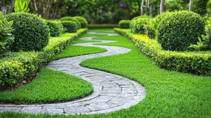 Classic English Garden with Manicured Lawn and Curved Pathway