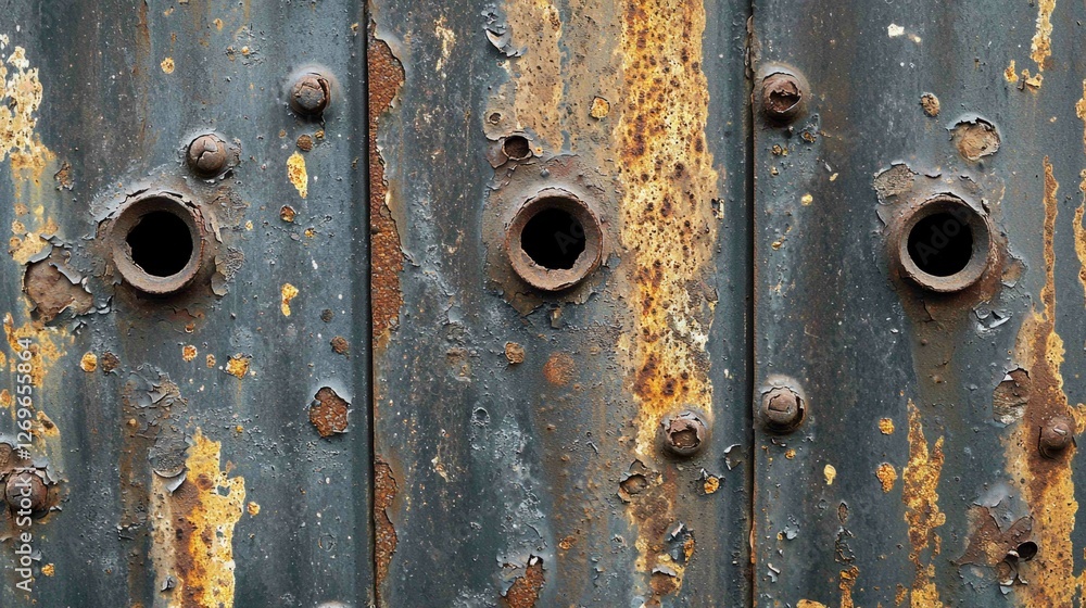 Poster close-up view of aged metal with bullet holes and rust patterns
