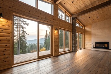 Obraz premium Spacious wooden cabin with large windows overlooking a serene forest and mountain landscape.