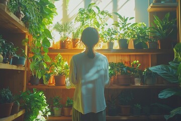 person is carefully repositioning various indoor plants on windowsill while sunlight filters through creating warm inviting atmosphere filled lush greenery.