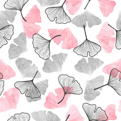 Seamless floral pattern with gingko leaf. Pink and grey leaves vector print