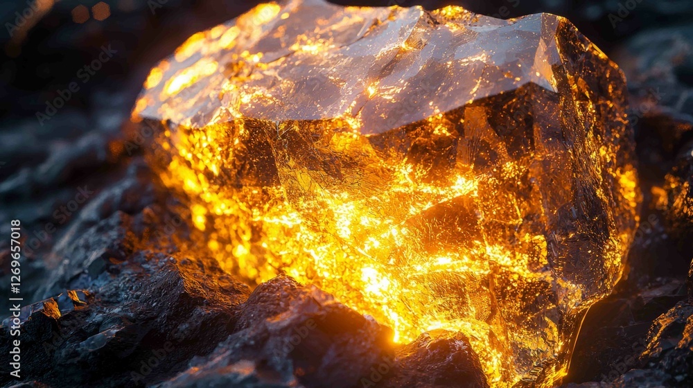 Poster close-up view of a smooth meteorite fragment glowing in light