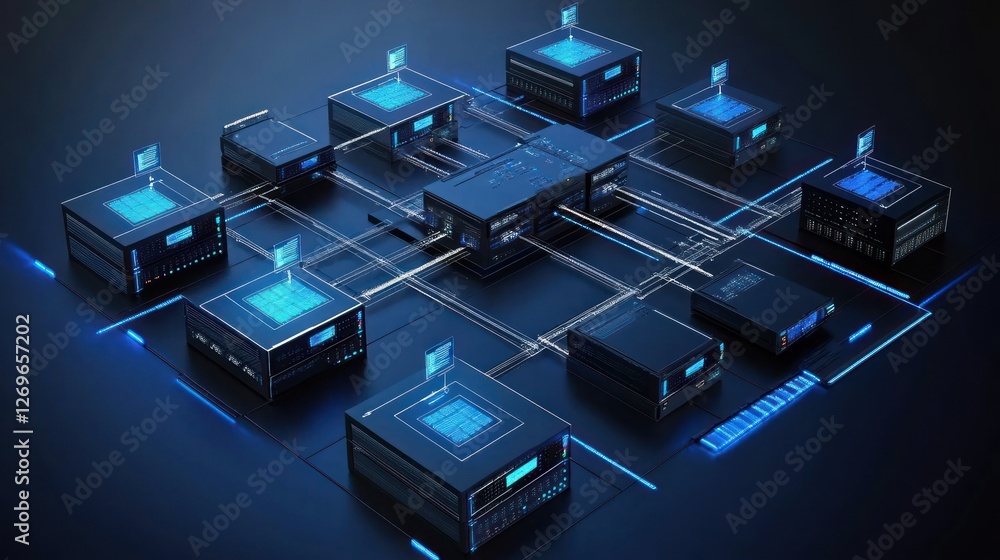 Poster An abstract representation of interconnected data servers with neon lines
