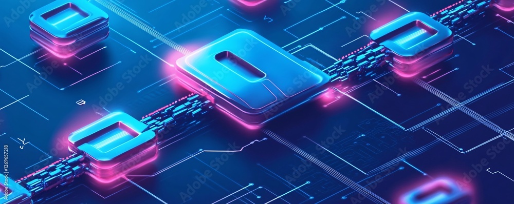 Aufkleber Blockchain technology concept showing 3d cubes being linked together on circuit board
