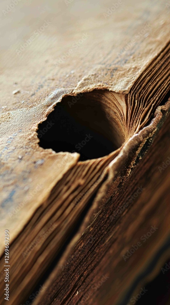 Poster close up of small hole in old book binding showing detailed texture