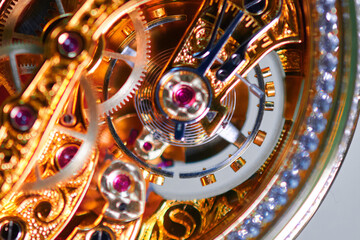 Intricate beauty of a vintage watch mechanism captured through macro photography showcasing gold tones and elaborate craftsmanship