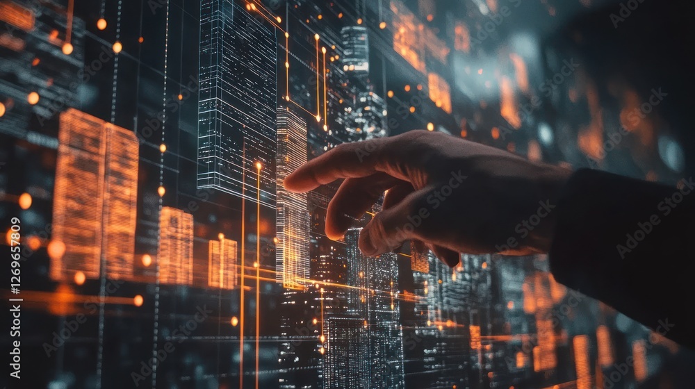 Poster hand interacting with holographic display of a futuristic cityscape