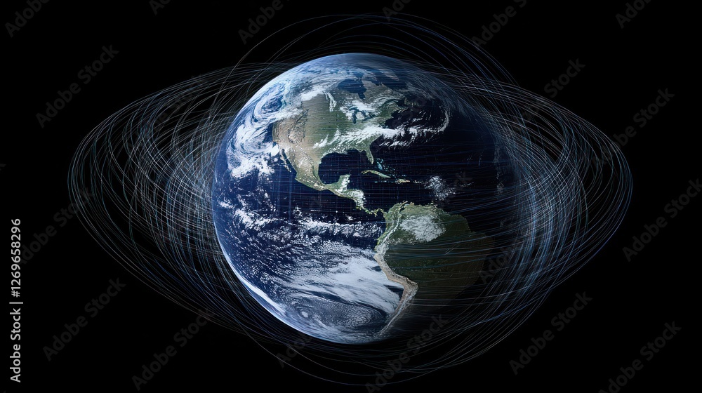 Poster earth globe surrounded by digital or abstract curved lines