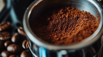 Close Up of Freshly Ground Coffee in a Metal Container