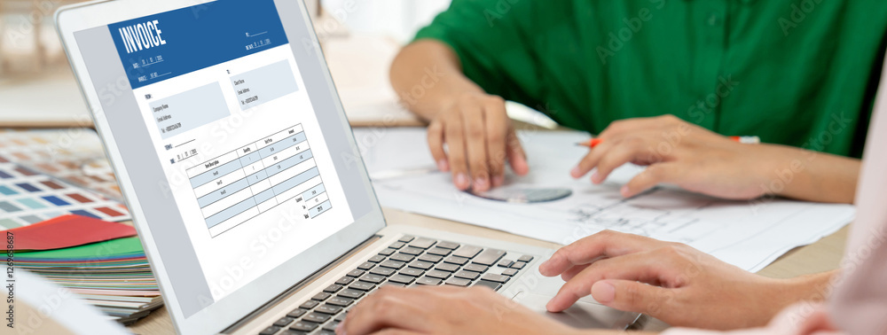 Poster invoice on computer screen from accounting application. computer program for financial and budget of