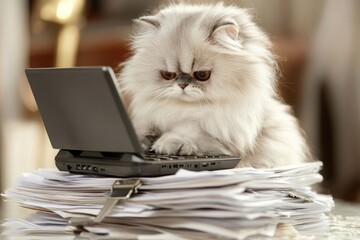 Fluffy Persian cat intently working on a laptop, surrounded by a stack of papers.