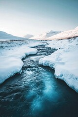 Snow-covered field with river