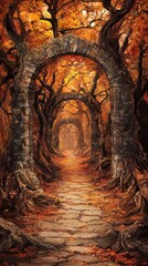 Naklejka premium Autumnal archway path through forest, mystical