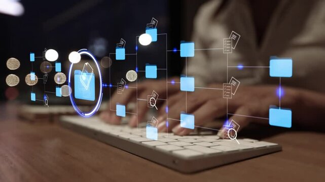 futuristic holographic interface file folder structure documents and data scanning, digital document storage software, cloud computing database, and manage documents, paperless office,