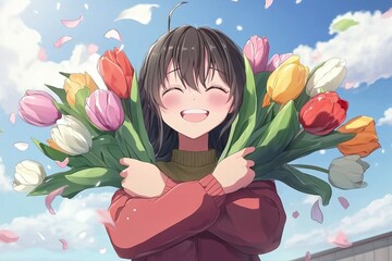 Cheerful anime-style girl holding a colorful bouquet of tulips, smiling under a bright blue sky with falling petals, symbolizing happiness, spring, and joyful moments.

