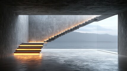 Obraz premium Modern concrete staircase, mountain view, minimalist interior, architectural design