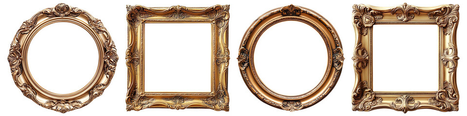 Collection of antique gold frames isolated on transparent background