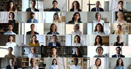 Lot of young and old people look at camera stacked together in collage view. Head shot portrait...