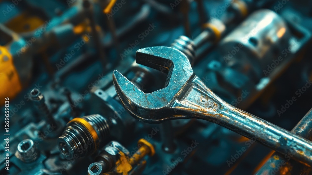 Poster rusty wrench over complex machinery components