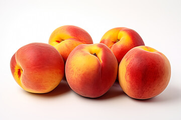 Bunch of peaches are piled up on a white background.