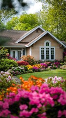 Cozy Bungalow with Low Roof and Large Windows Surrounded by Flowers
