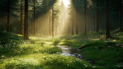 Fototapeta premium Sunlit forest path, stream, wildflowers, morning mist, nature backdrop.