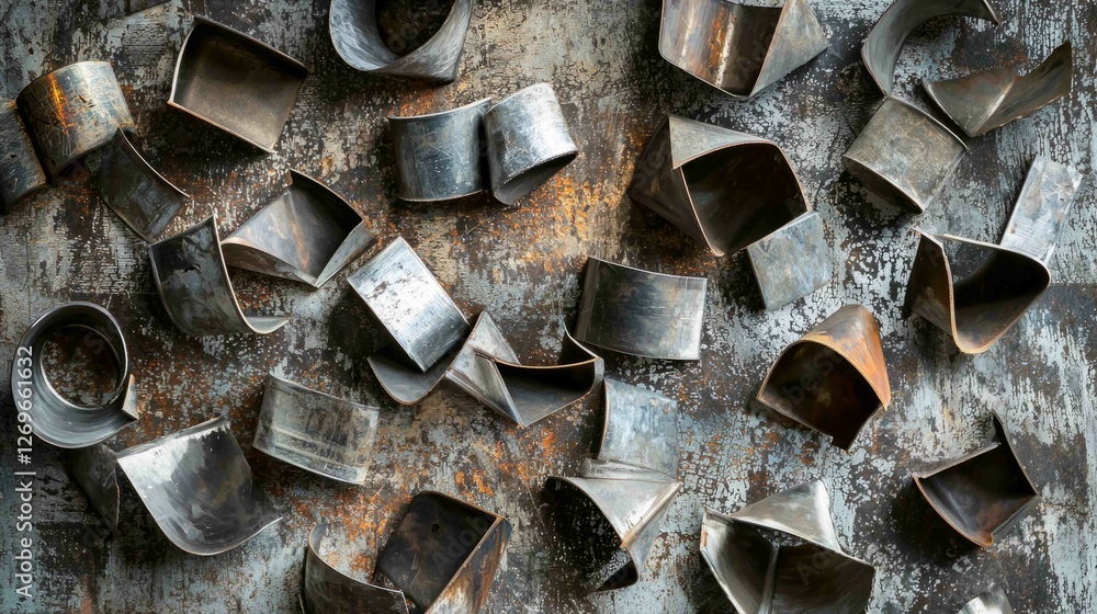 Poster dented metal objects in creative composition on rustic surface